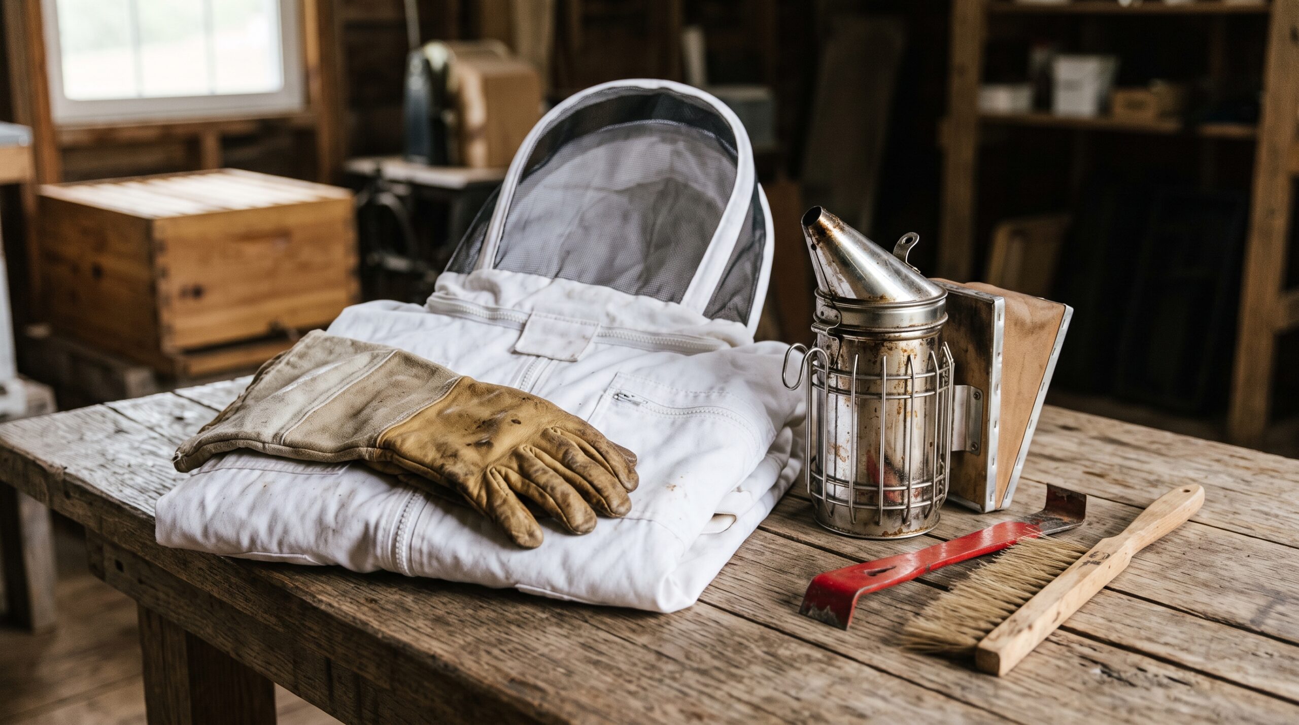 Essential beekeeping gear including protective suit, leather gloves, smoker, and hive tool arranged on a wooden table
