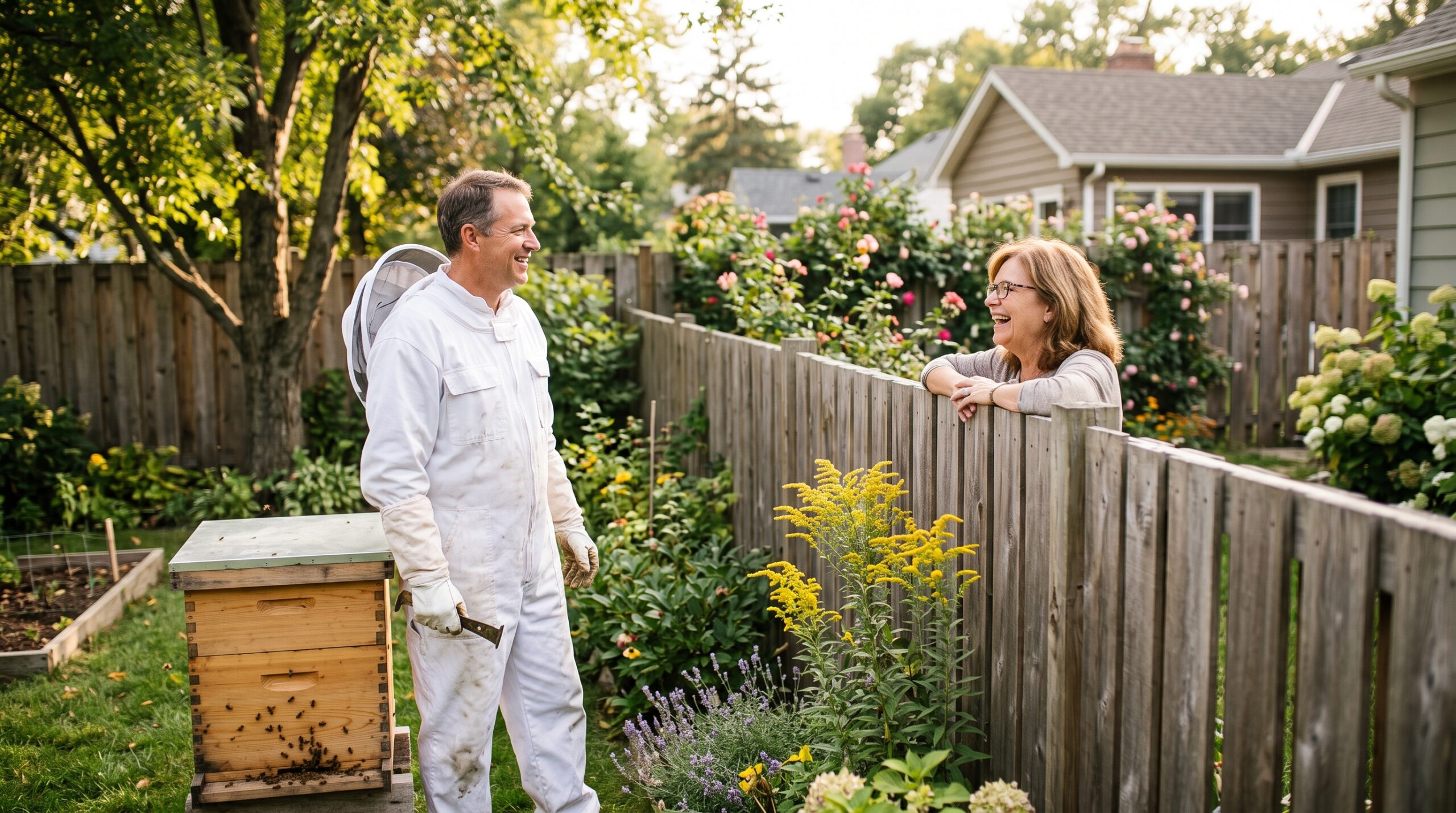 Beekeeper standing beside a hive in a suburban backyard with a wooden privacy fence, speaking with a neighbor