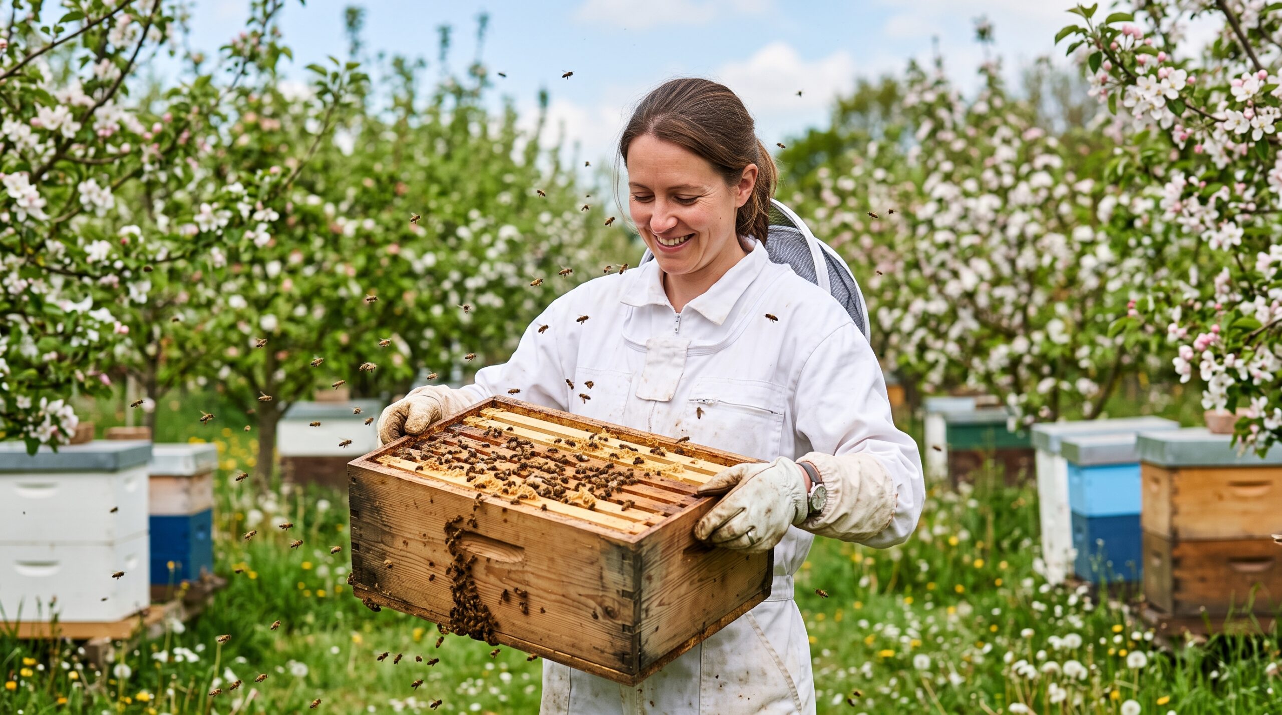 Beekeeper carrying a nucleus colony box with honeybees flying around it in a spring orchard setting