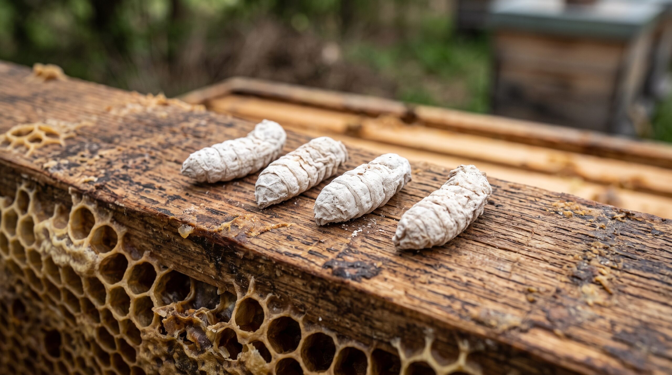 White and grey chalk-mummified bee larvae from chalkbrood disease on a wooden board