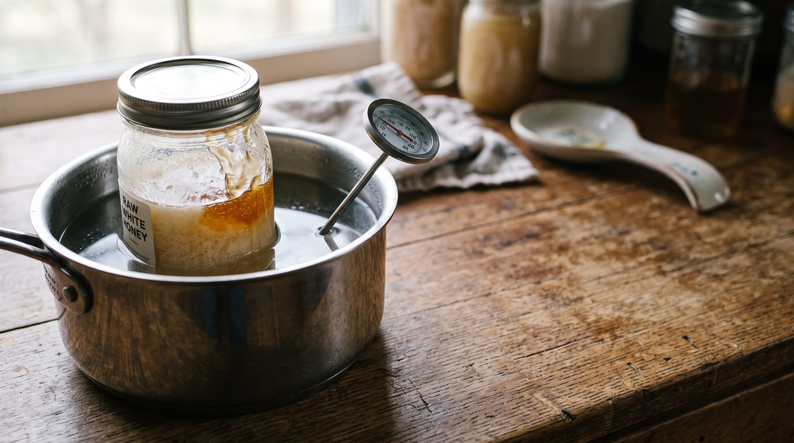 Crystallized white honey jar sitting in a warm water bath to gently re-liquefy the honey safely