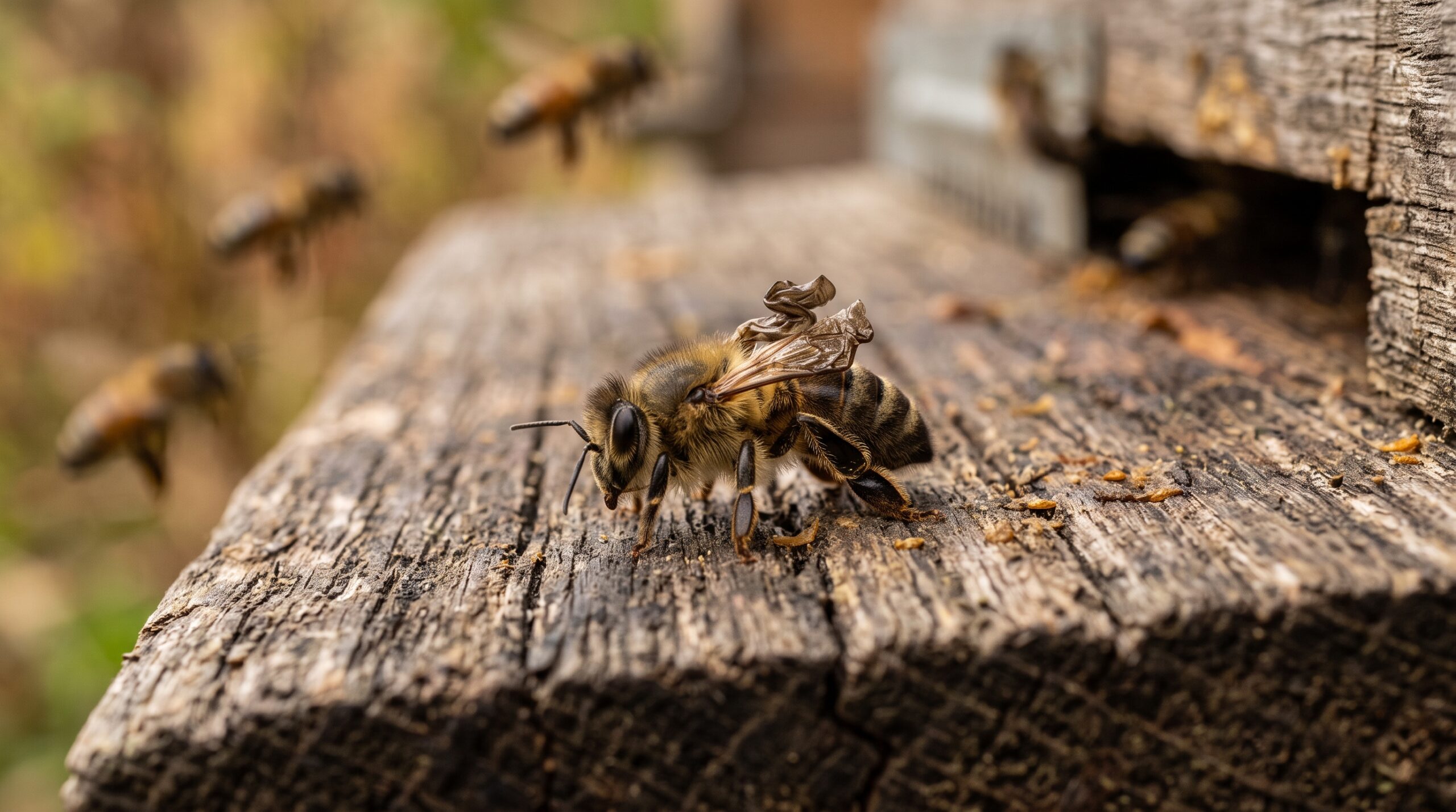 Honey bee with crumpled deformed wings from Deformed Wing Virus crawling on a hive landing board