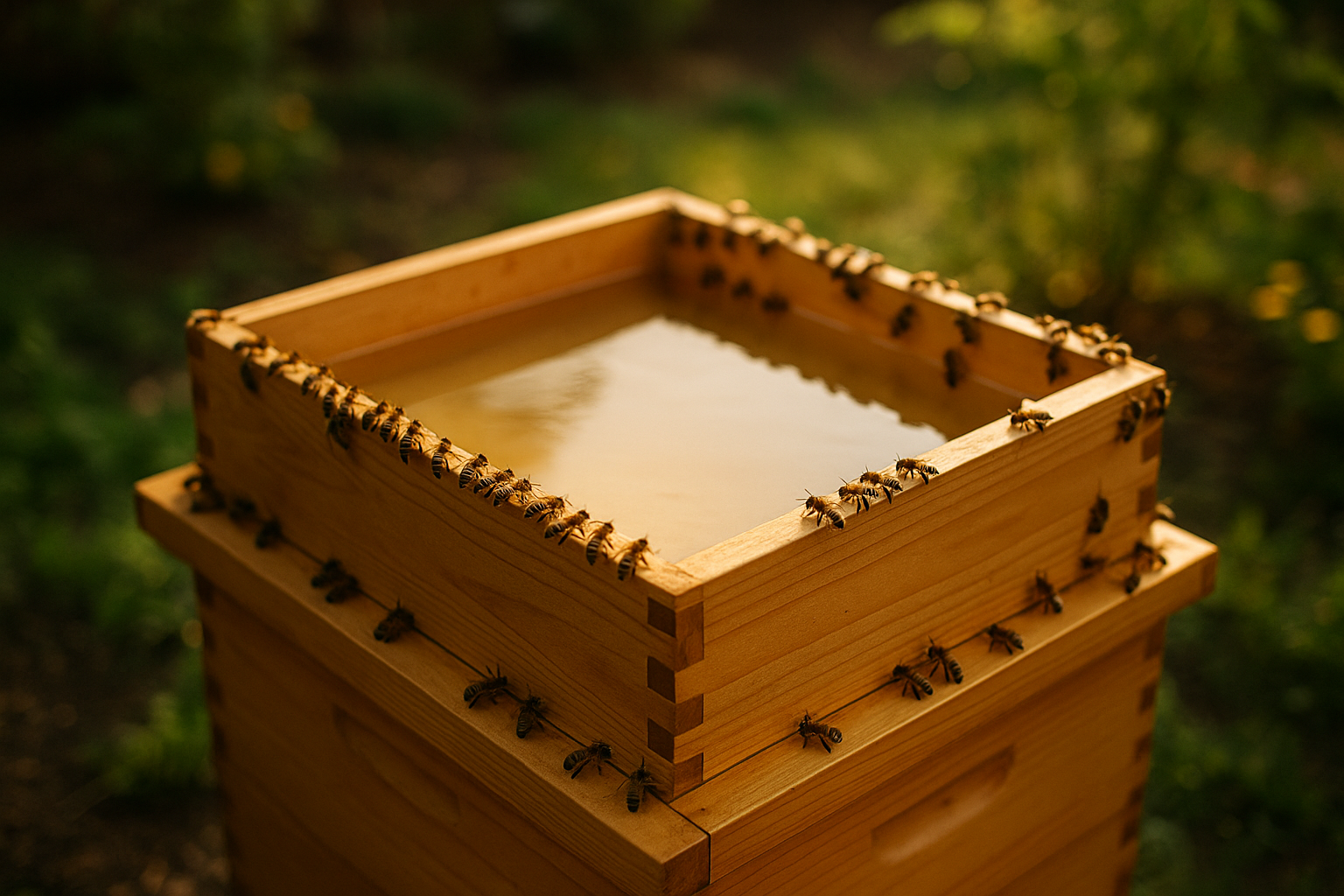 Hive-top feeder filled with sugar syrup on a beehive with bees feeding