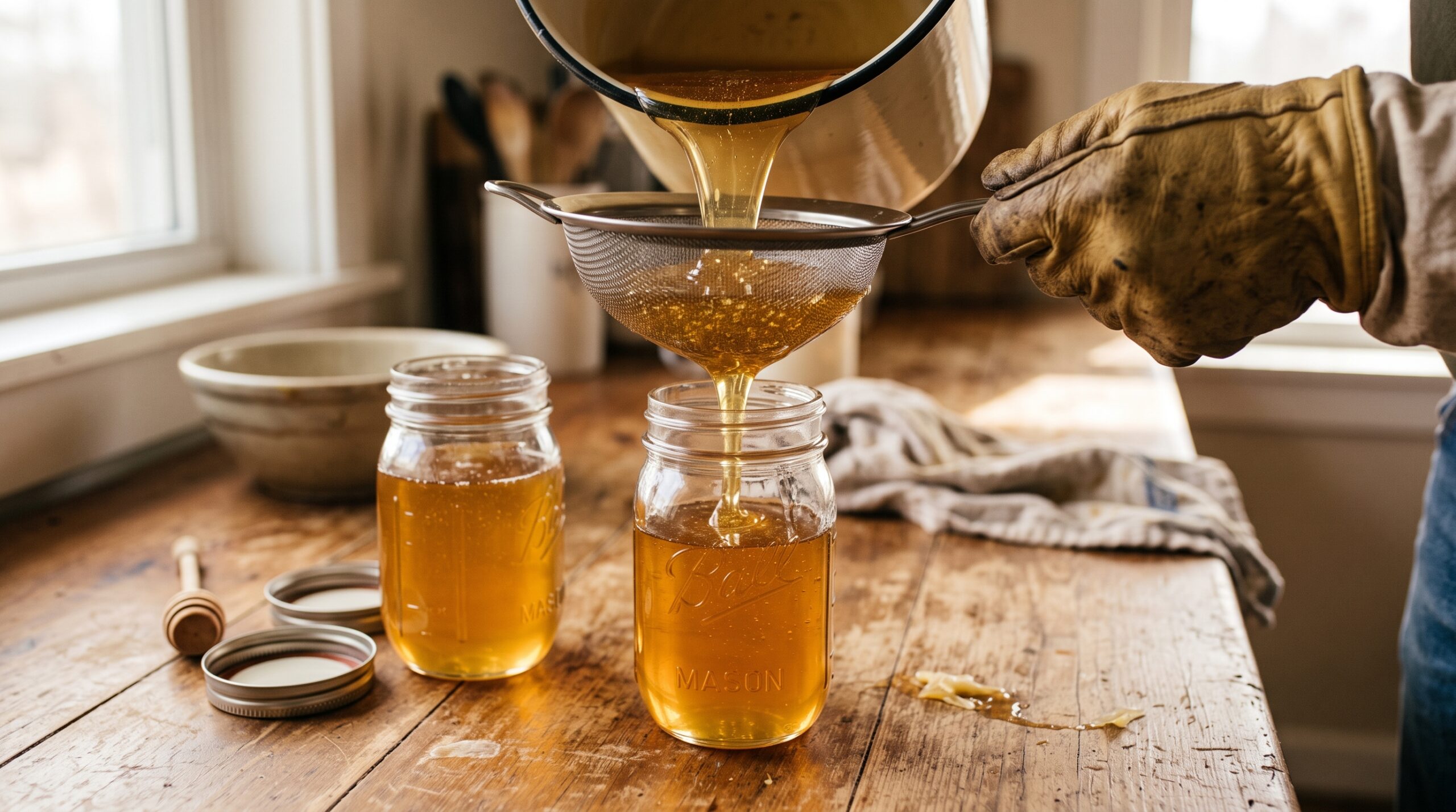 Beekeeper filtering golden honey through fine mesh strainer into mason jars on wooden table