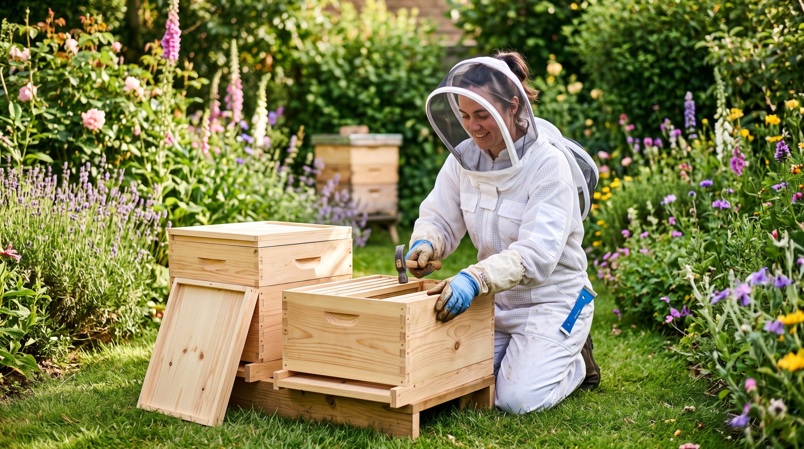 Beekeeper in white protective suit assembling a Langstroth beehive in a sunny backyard garden