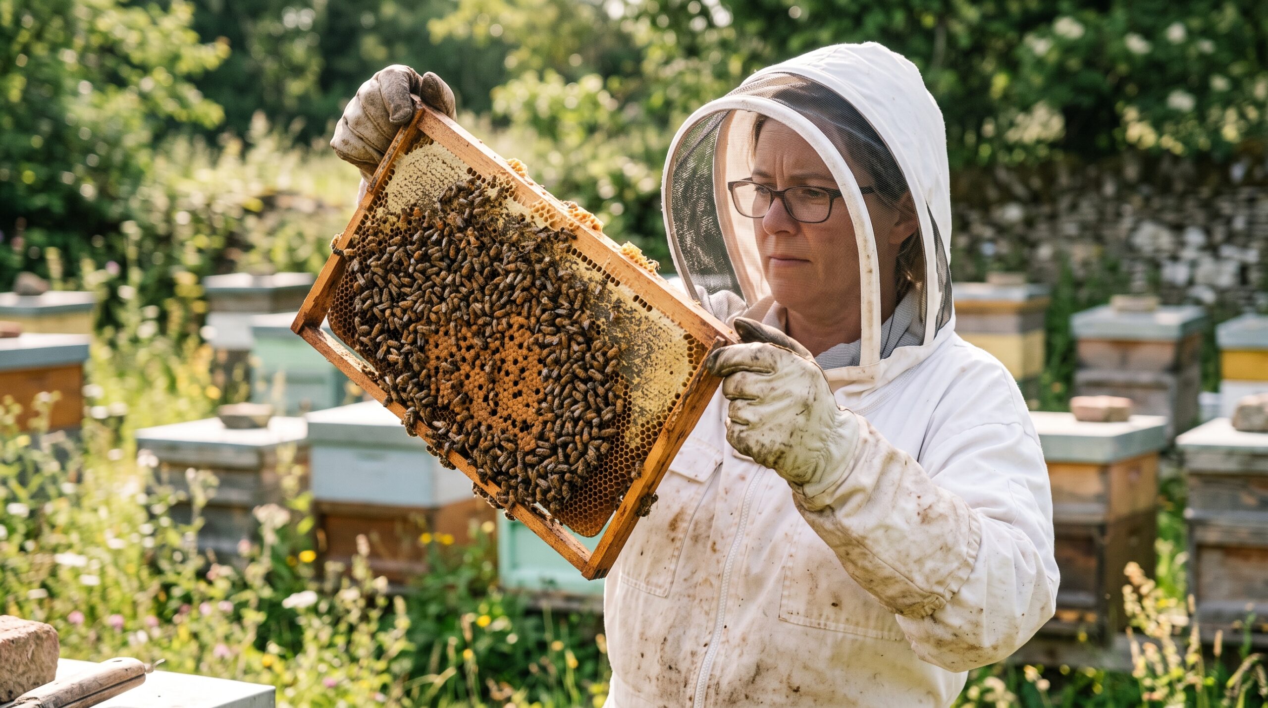 Beekeeper in white protective suit holding a wooden honeycomb frame covered in bees up to the sunlight during a hive inspection