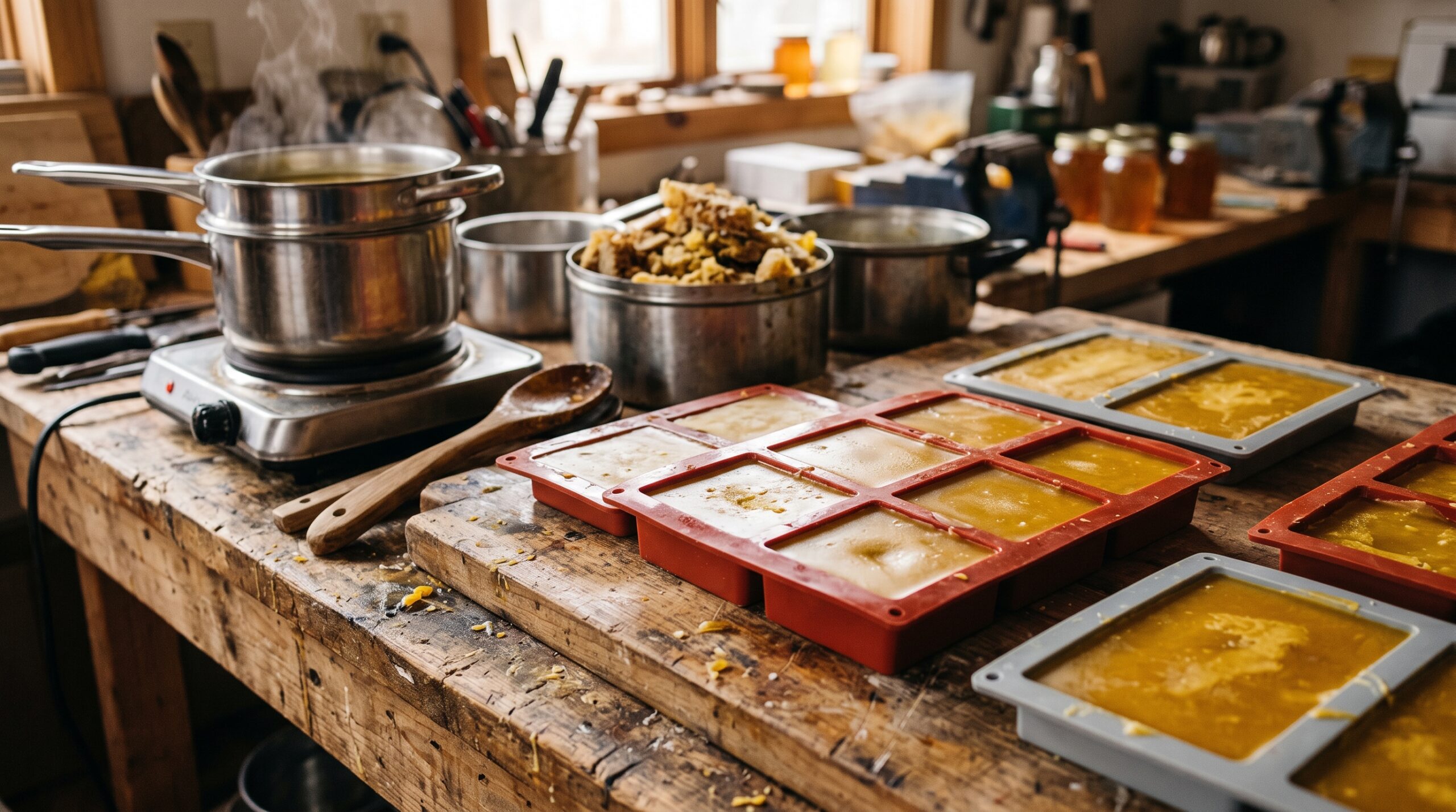 Golden beeswax blocks cooling in silicone molds on a wooden workbench with wax cappings and double boiler in background