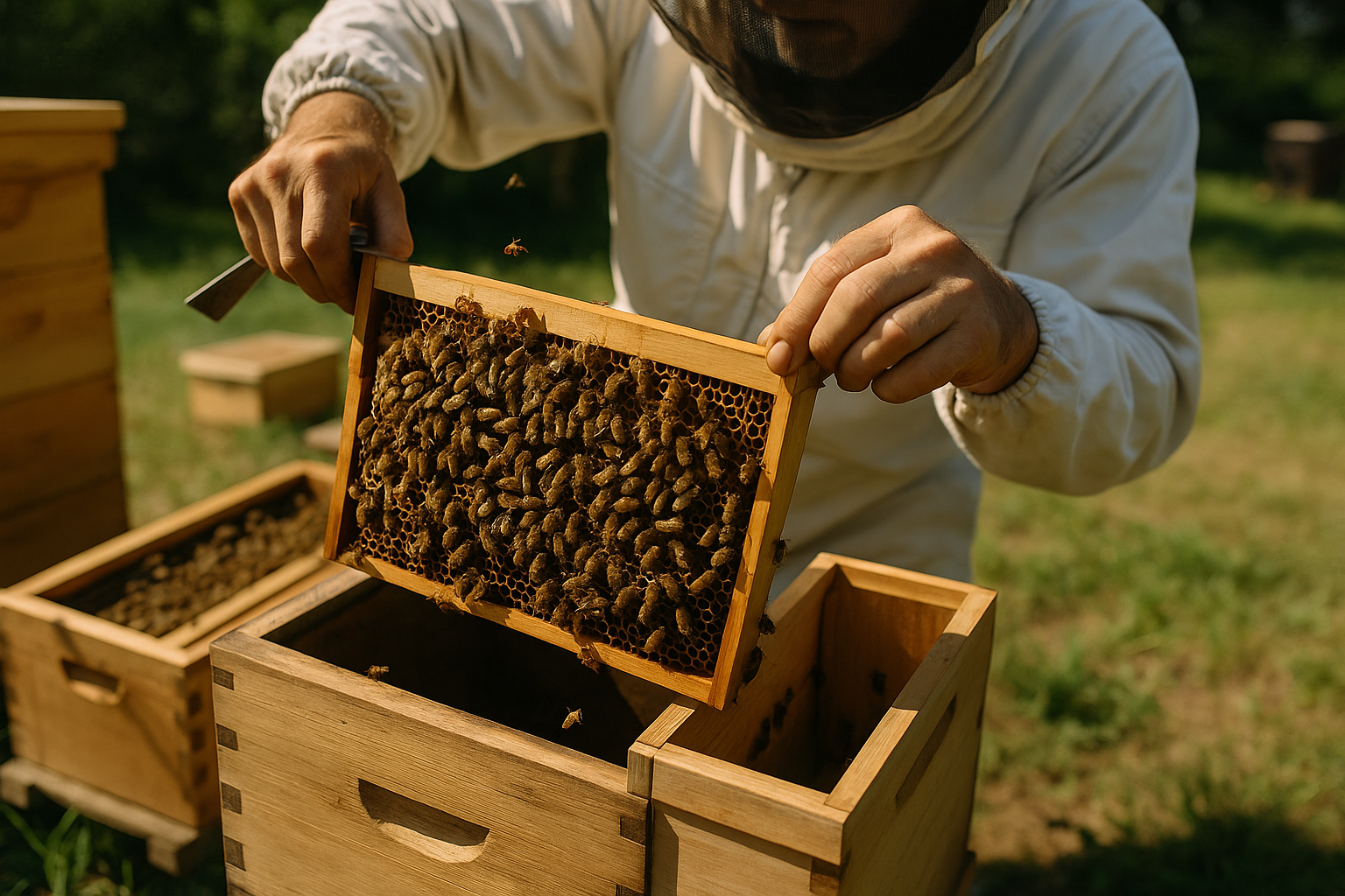 Beekeeper transferring frame with brood into a nucleus box for a hive split