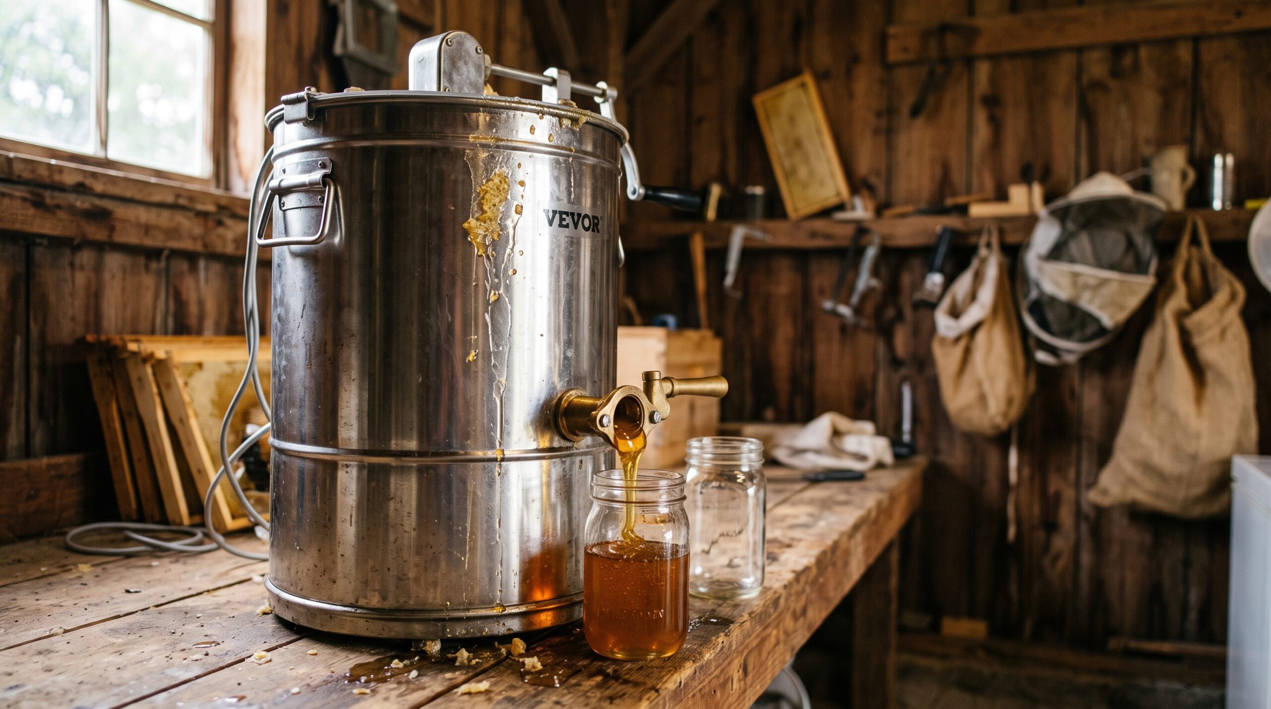 Stainless steel honey extractor with golden honey flowing from spigot into glass jars during extraction