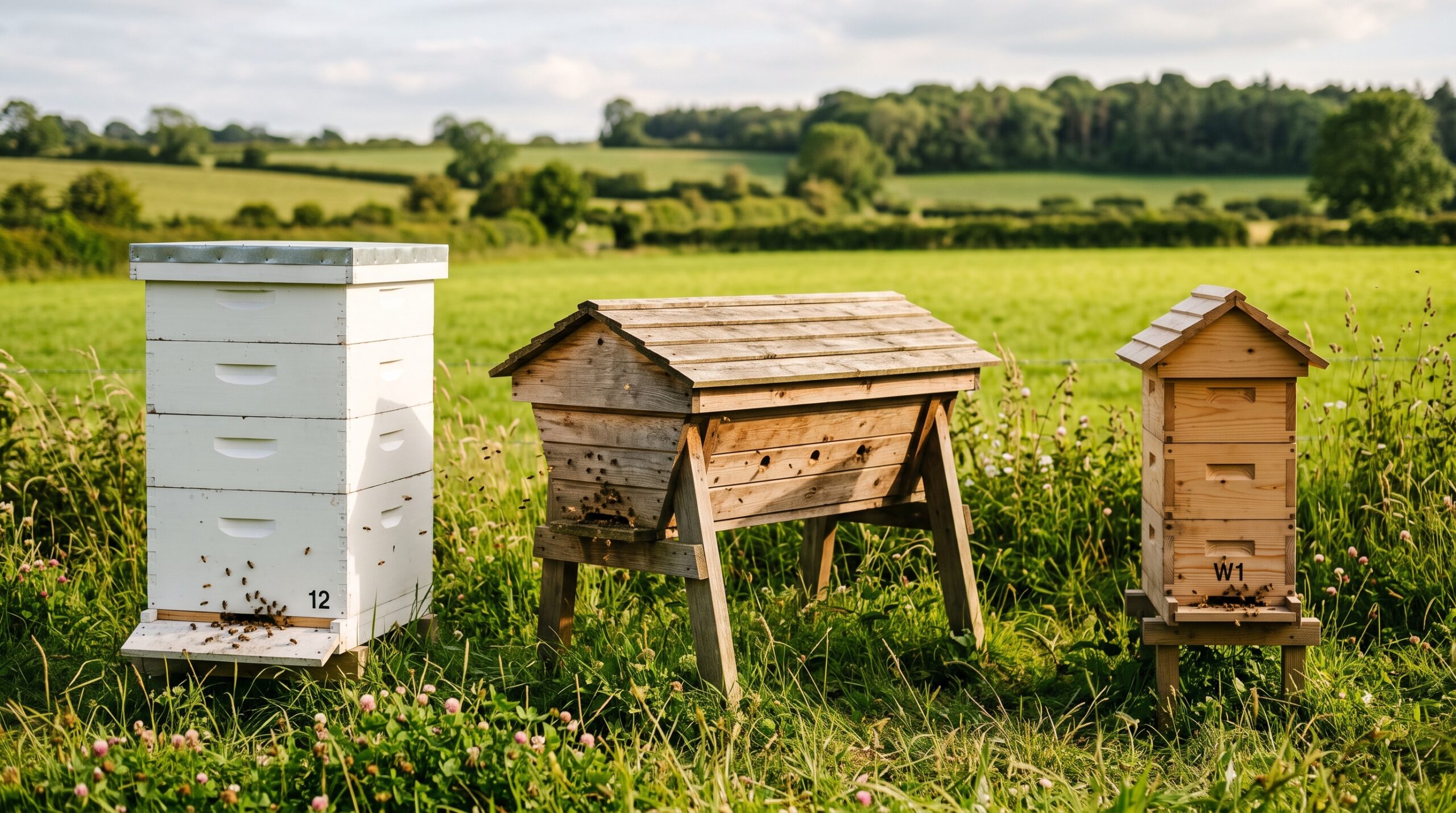 Three different beehive styles — Langstroth, top bar, and Warre — positioned side by side in a green outdoor apiary