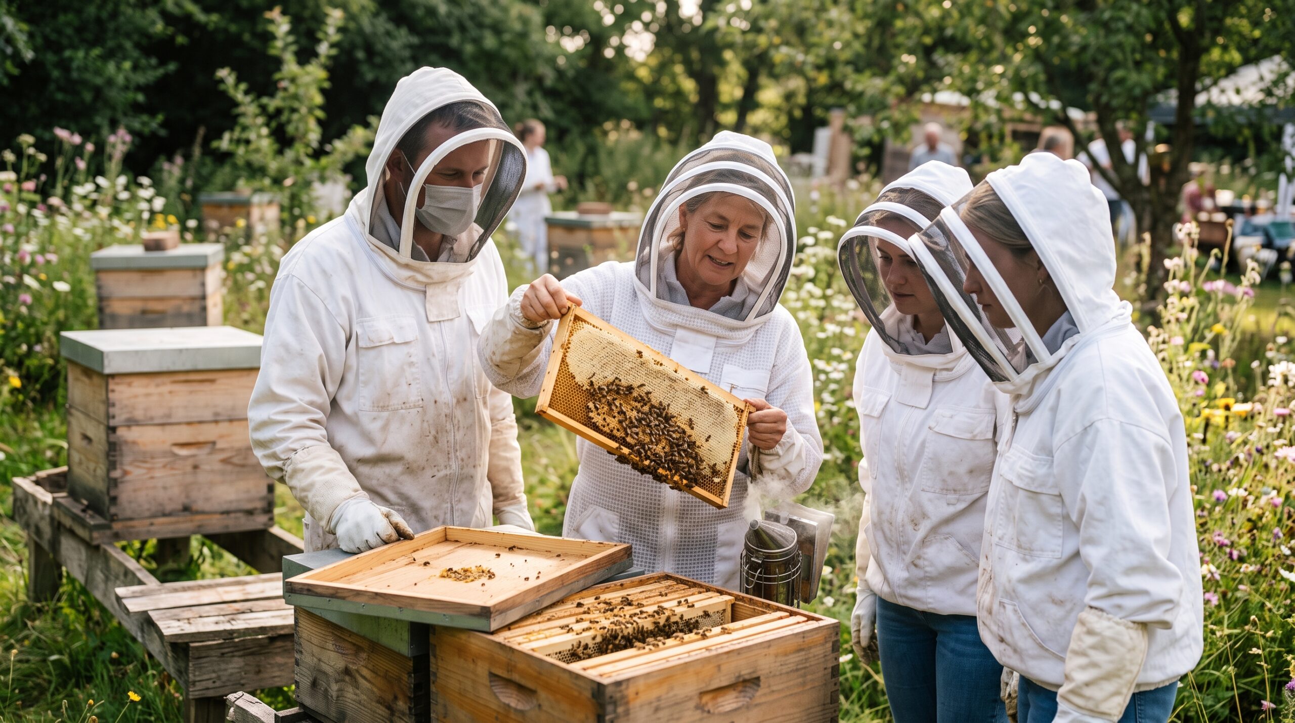 Group of beekeepers in protective suits examining a honeycomb frame during an outdoor club workshop demonstration