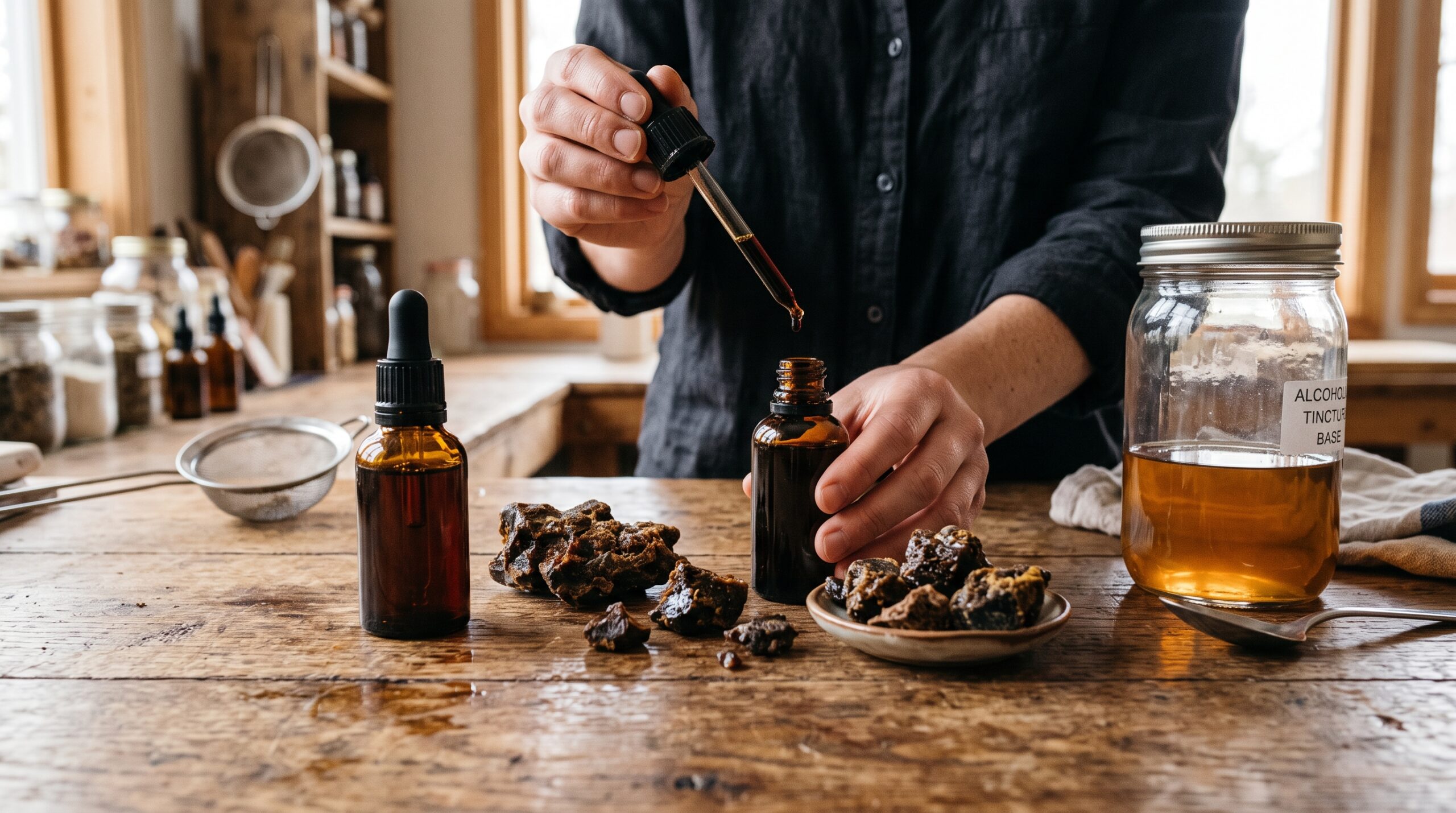 Dark amber propolis tincture in glass dropper bottles next to raw propolis chunks and alcohol jar on wooden table
