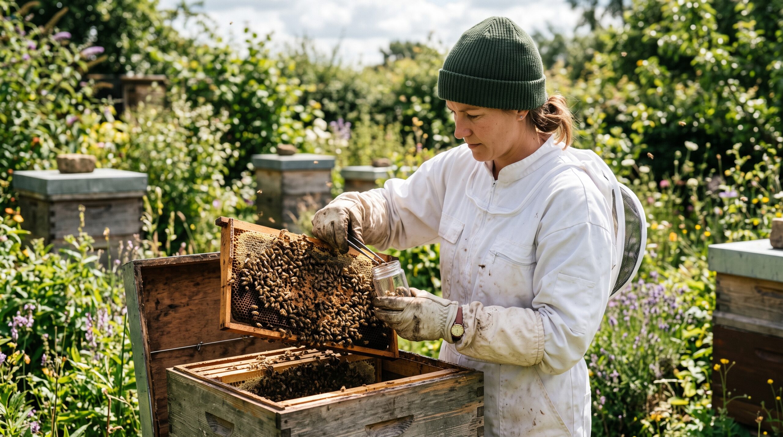 Beekeeper collecting bee sample in a jar for nosema microscopy testing