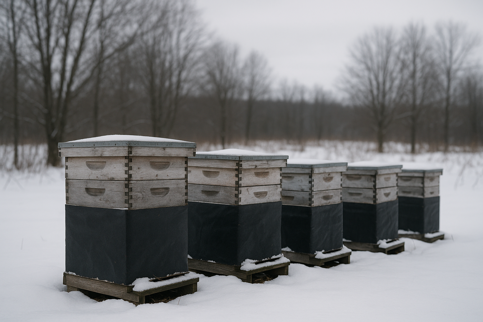 Beehives wrapped for winter insulation in a snowy rural landscape