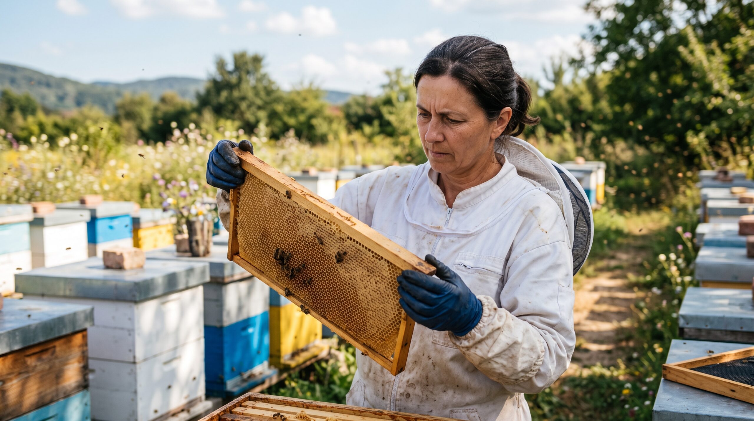 Beekeeper inspecting an empty honeycomb frame with no eggs searching for signs of a queenless colony