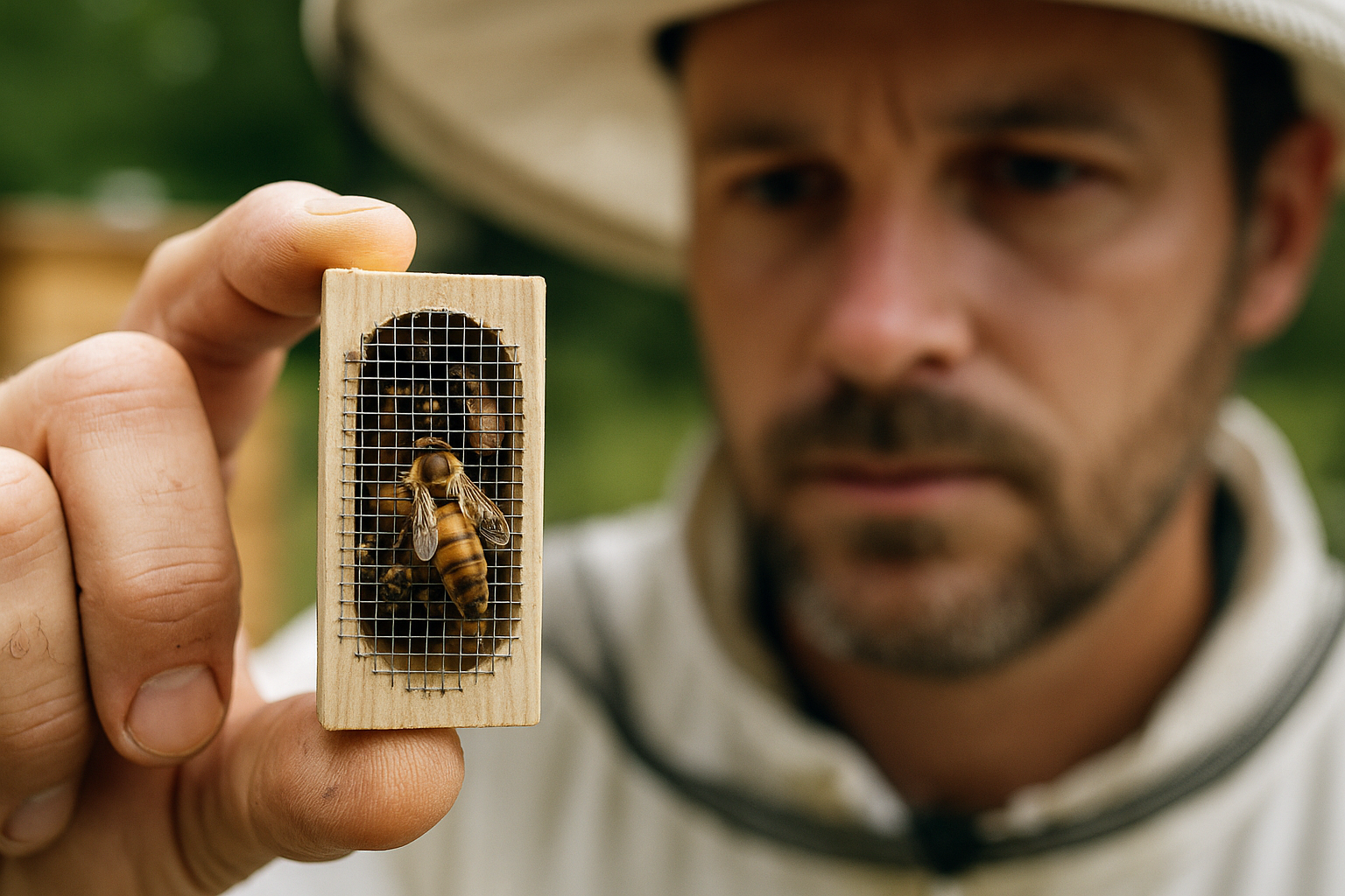 Beekeeper holding a queen cage with a new mated queen bee ready for introduction