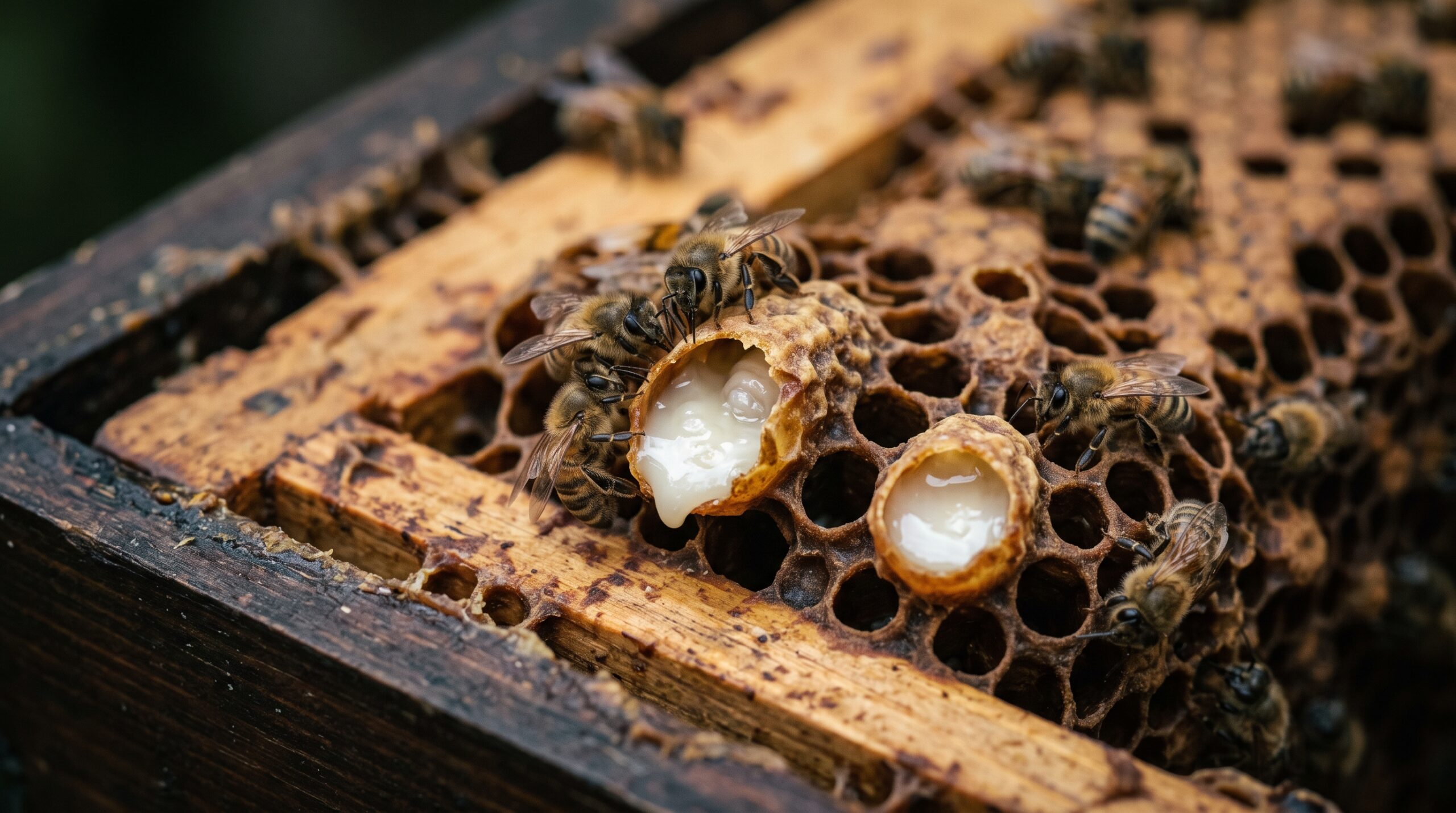 Close-up of open queen cells in a beehive frame filled with white creamy royal jelly with worker bees attending