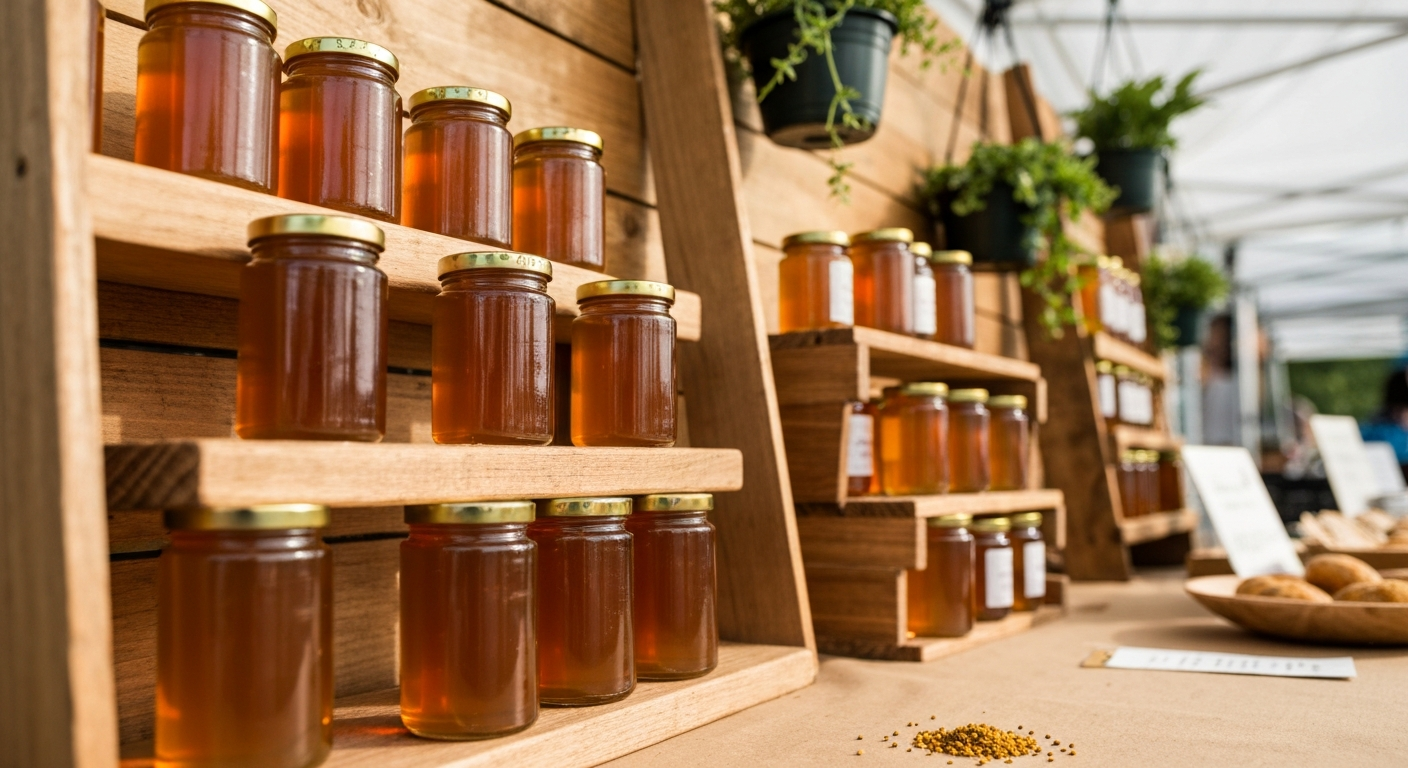 Beekeeper demonstrating selling honey farmers market