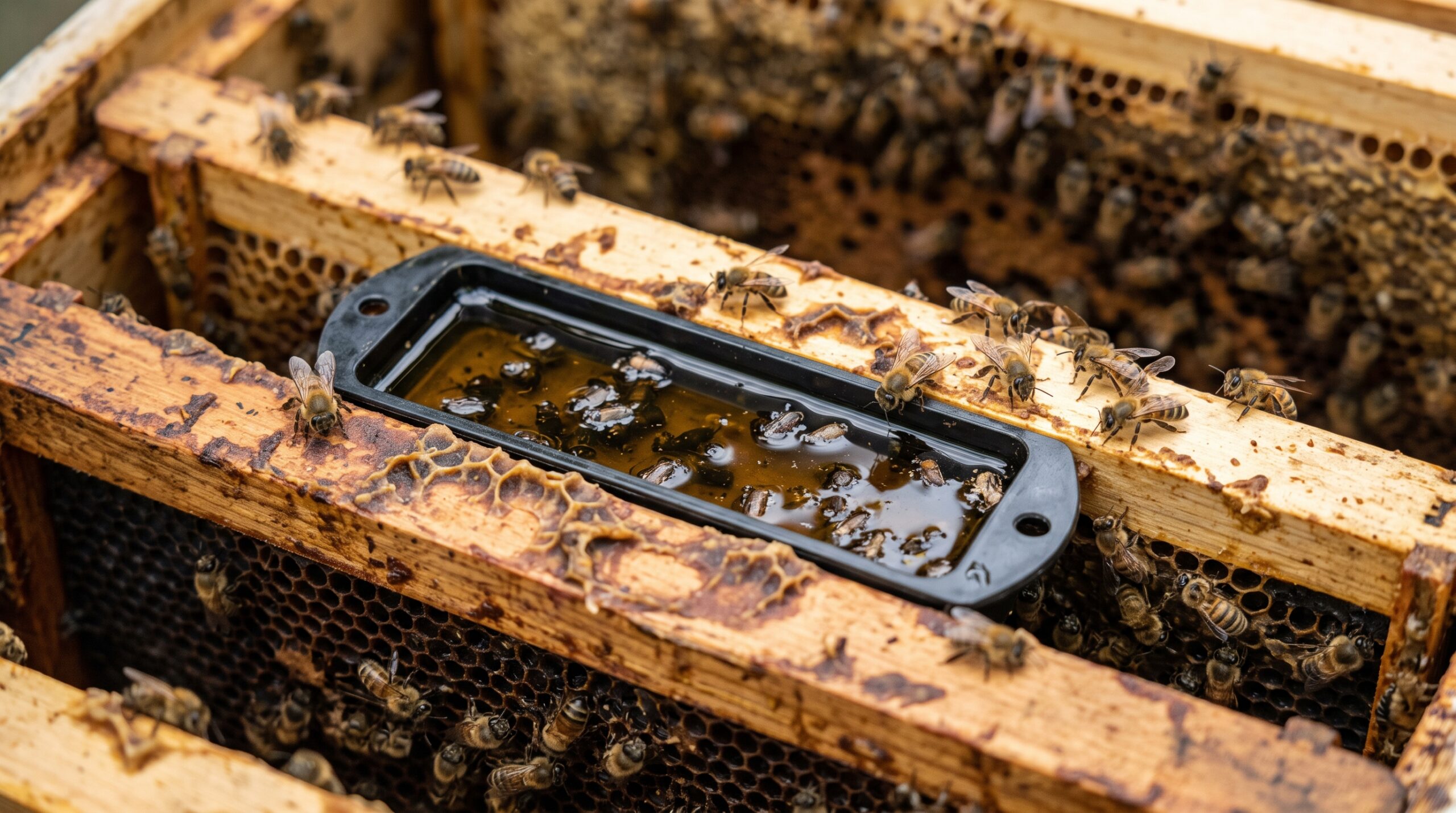 Small hive beetle oil trap placed between beehive frames to control beetle infestation