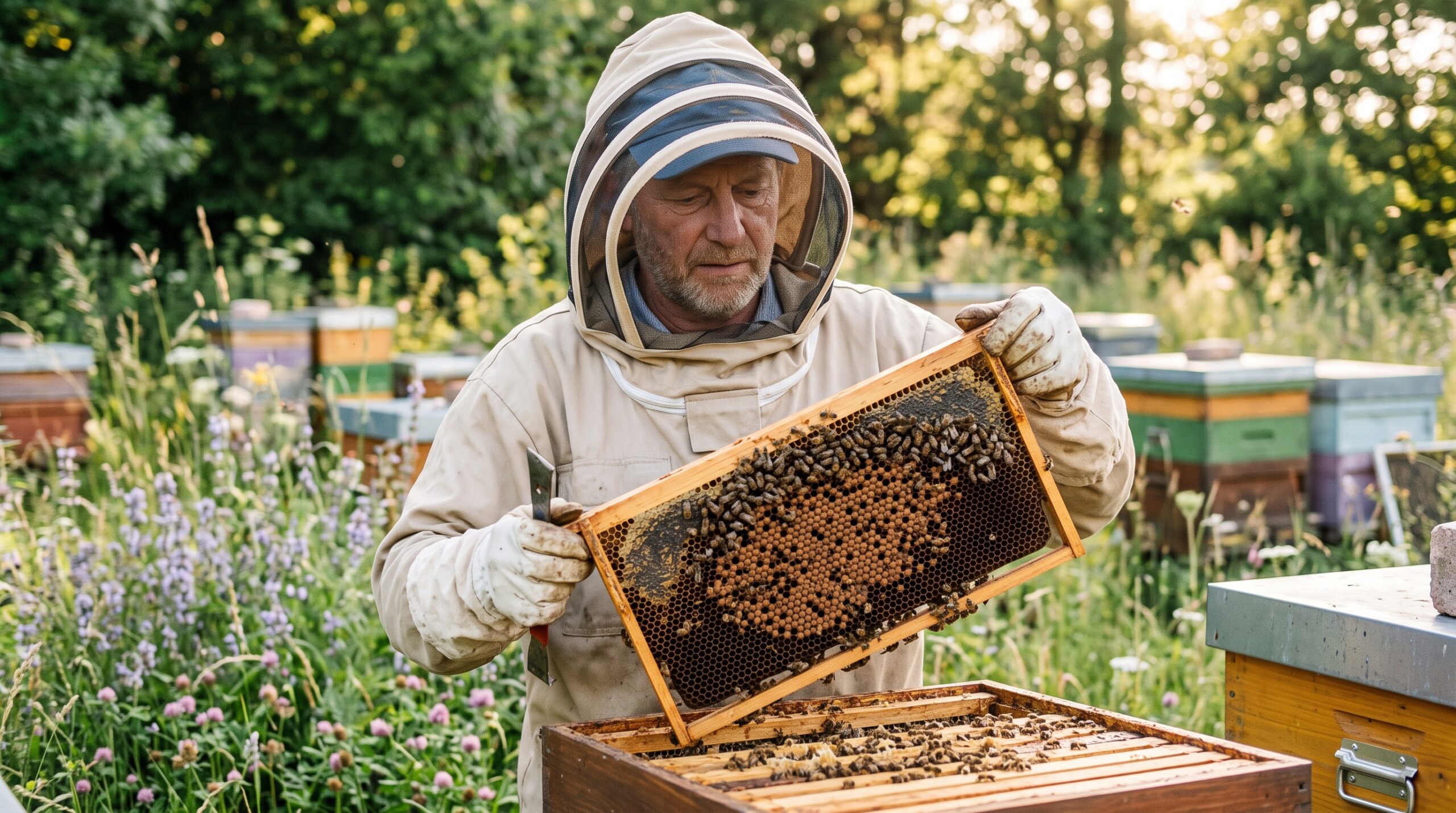 Beekeeper examining brood frame for signs of American Foulbrood disease