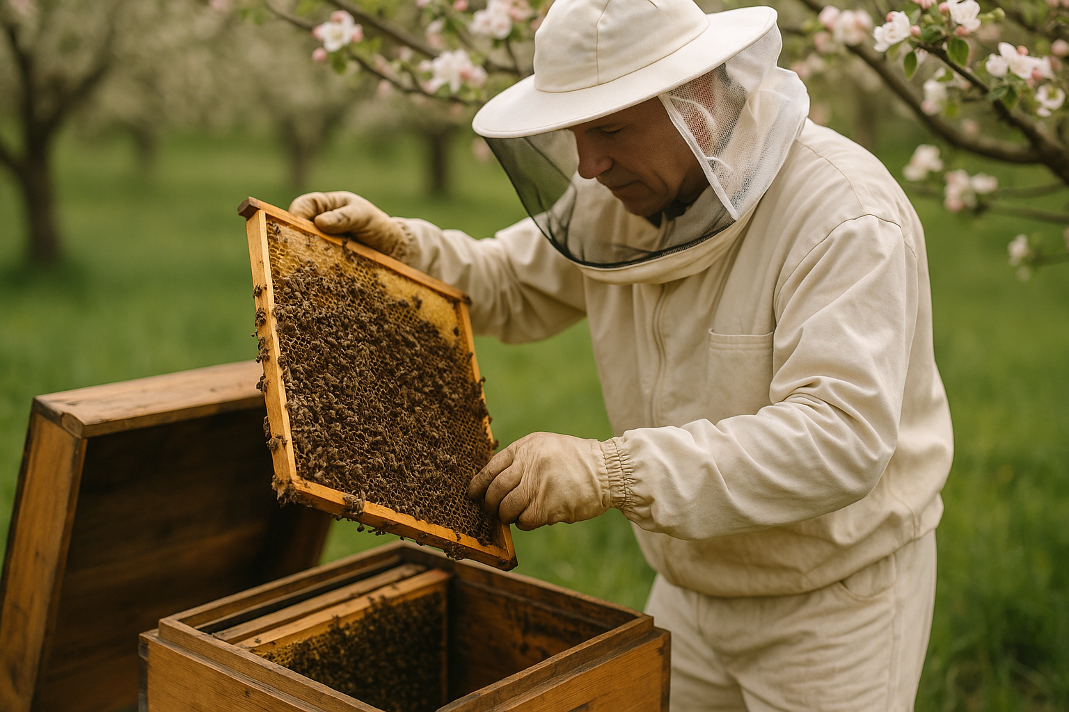 Beekeeper performing spring hive inspection with frames covered in bees