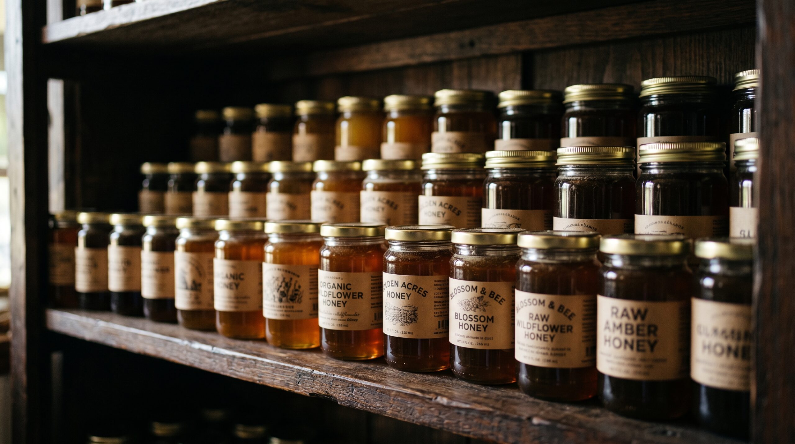 Glass honey jars with amber and golden honey stored on wooden pantry shelves in a cool dark location