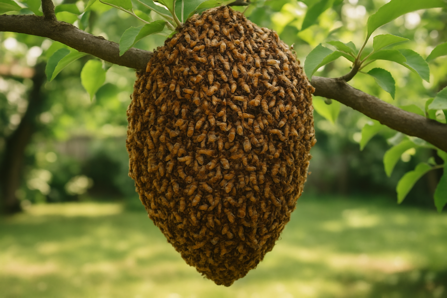 Honeybee swarm clustered on a tree branch in a garden