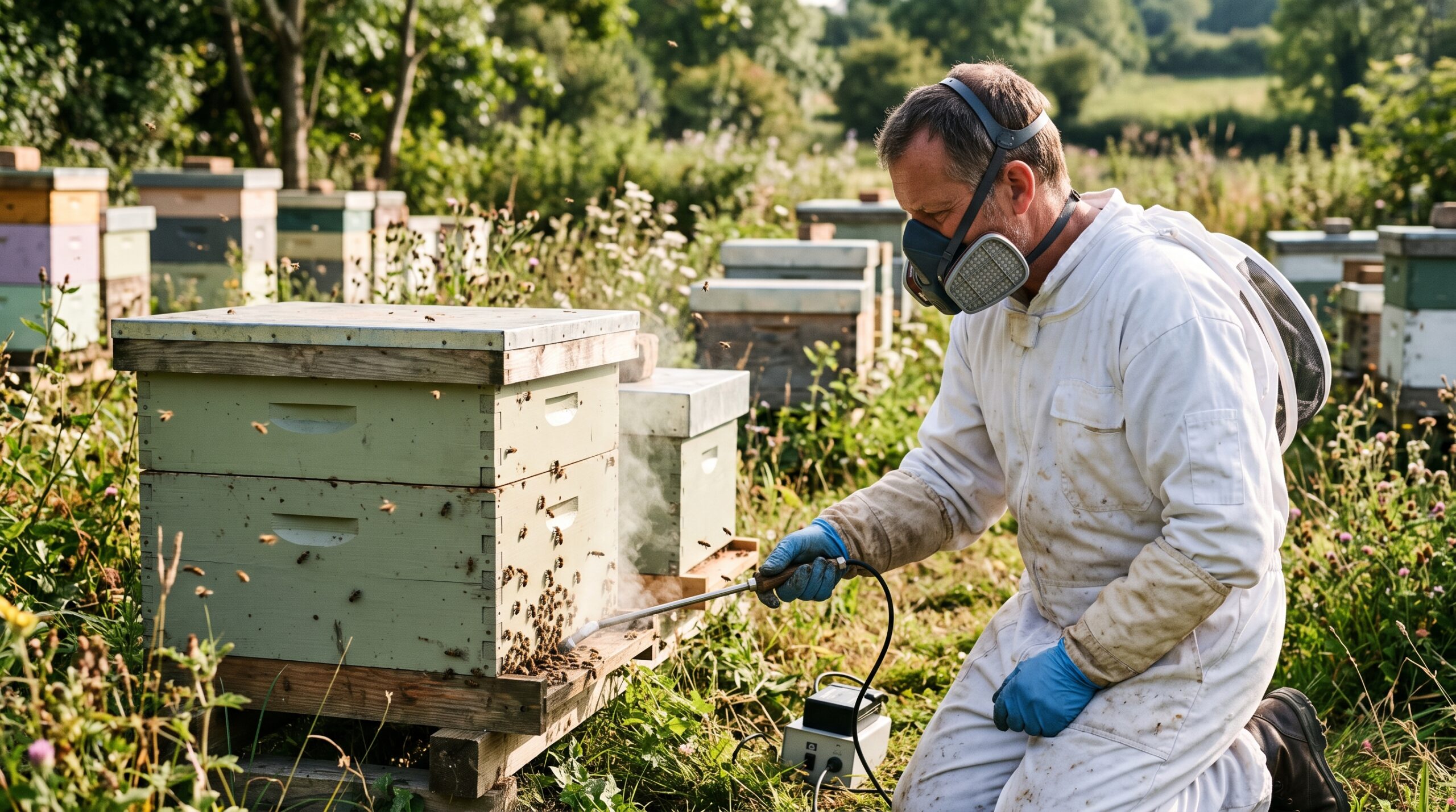 Beekeeper applying oxalic acid vaporizer to a Langstroth hive for varroa mite treatment