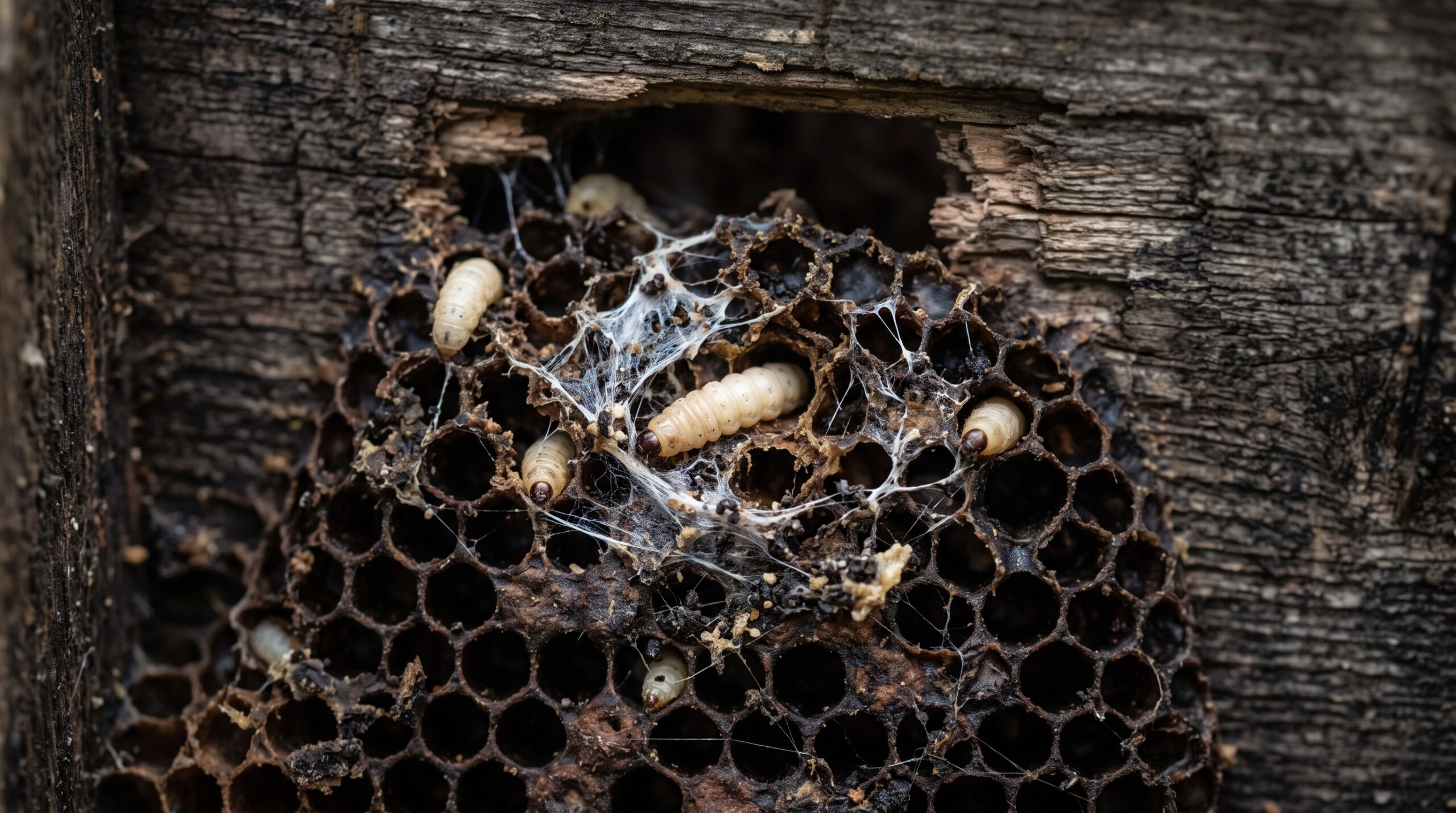 Wax moth larvae tunneling through old dark honeycomb with visible silk webbing damage