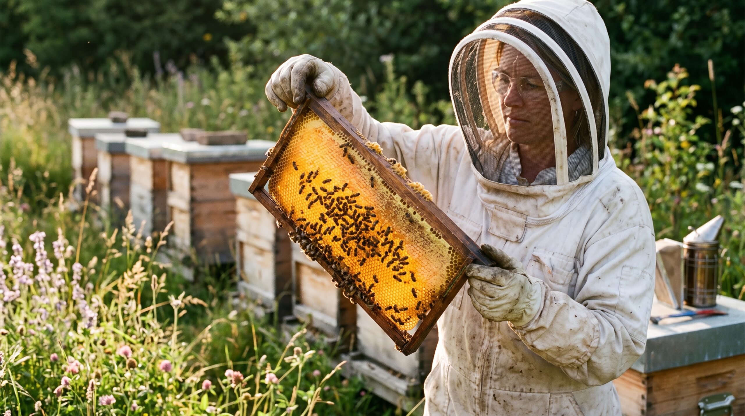 Beekeeper inspecting a honeycomb frame held up to sunlight to check if honey is ready for harvest