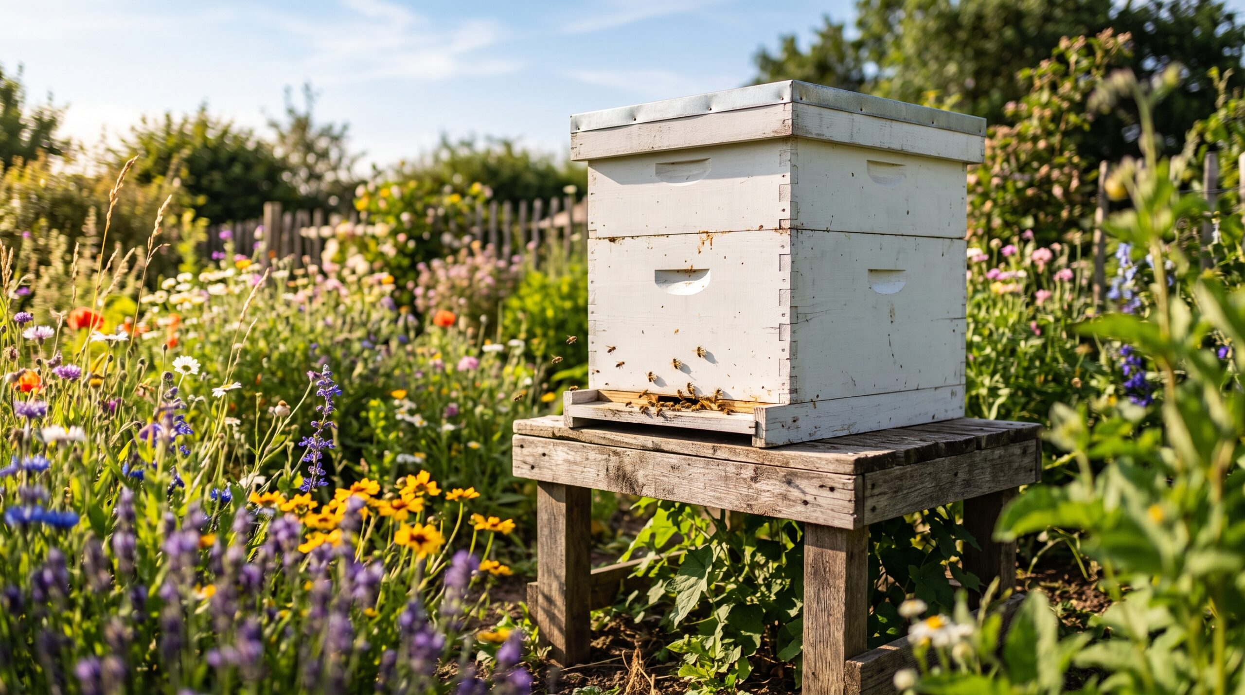 White Langstroth beehive on a wooden stand in a sunny garden surrounded by wildflowers